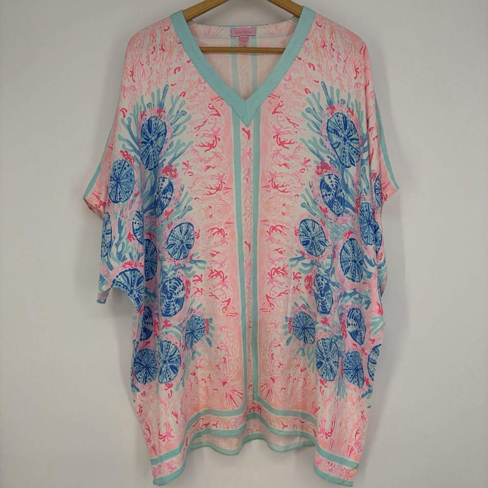 Lilly Pulitzer Thea Caftan Dress Women XXS/XS Pewter Pink Beach Cover Tropical